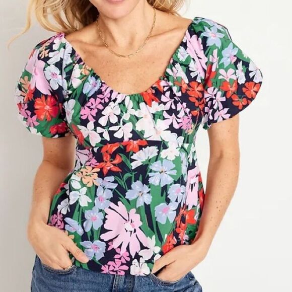 Old Navy Floral Puff Sleeve Flared Hem V Neck Top Shirt Blue Multi Small - Picture 2 of 13